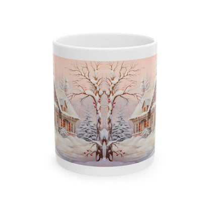 Pink winter village cottage house mug - christmas secret santa stocking filler gift drinkware washable tumbler reuse reusable cup ceramic co