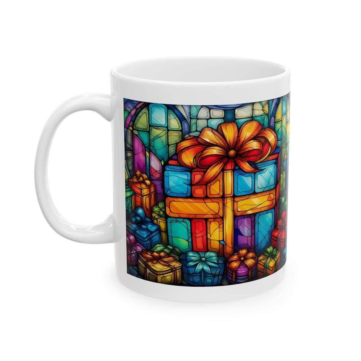 Stained glass design christmas present mug - secret santa stocking filler - drinkware tumbler cup reusable reuse washable ceramic coffee xma
