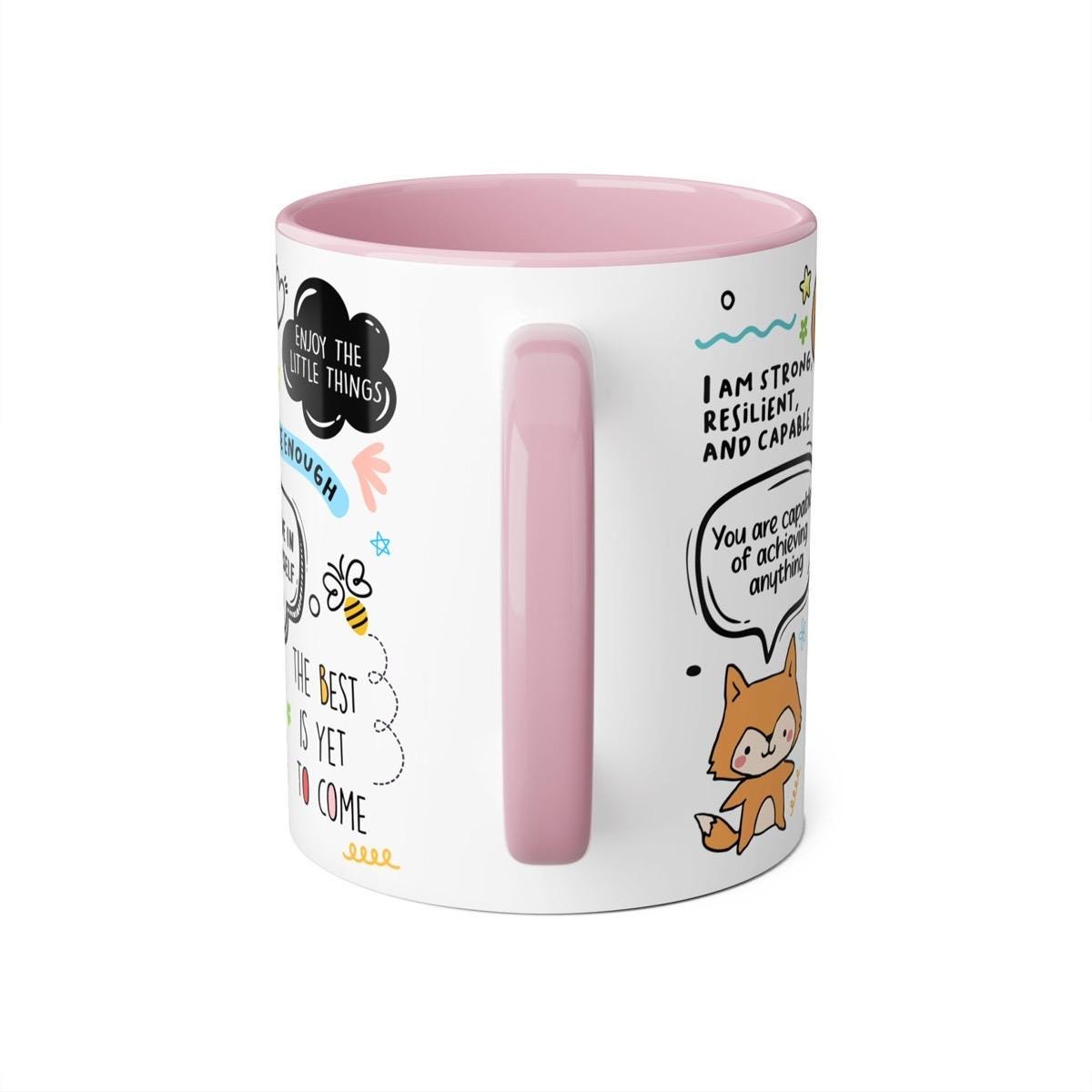 Positive vibes affirmations mental health mug - pink interior and handle - cup, drinkware tumblers reusable reuse ceramic washable coffee te