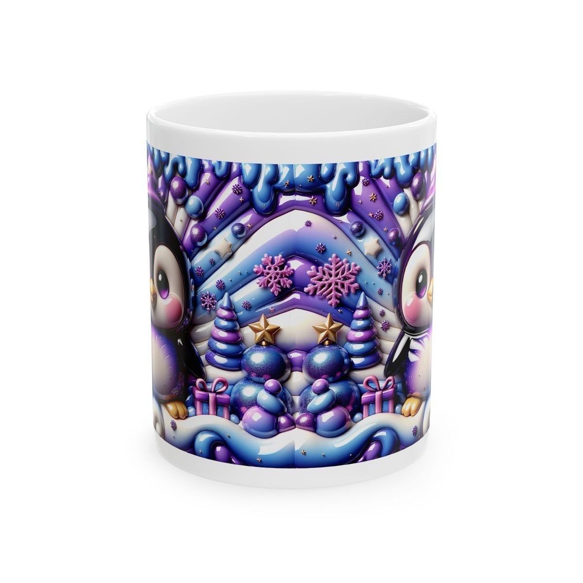 3d quilted sparkly festive baby penguin mug - cozy holiday design with blue and purple  accents - perfect christmas gift drinkware reusable