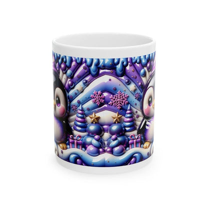 3d quilted sparkly festive baby penguin mug - cozy holiday design with blue and purple  accents - perfect christmas gift drinkware reusable
