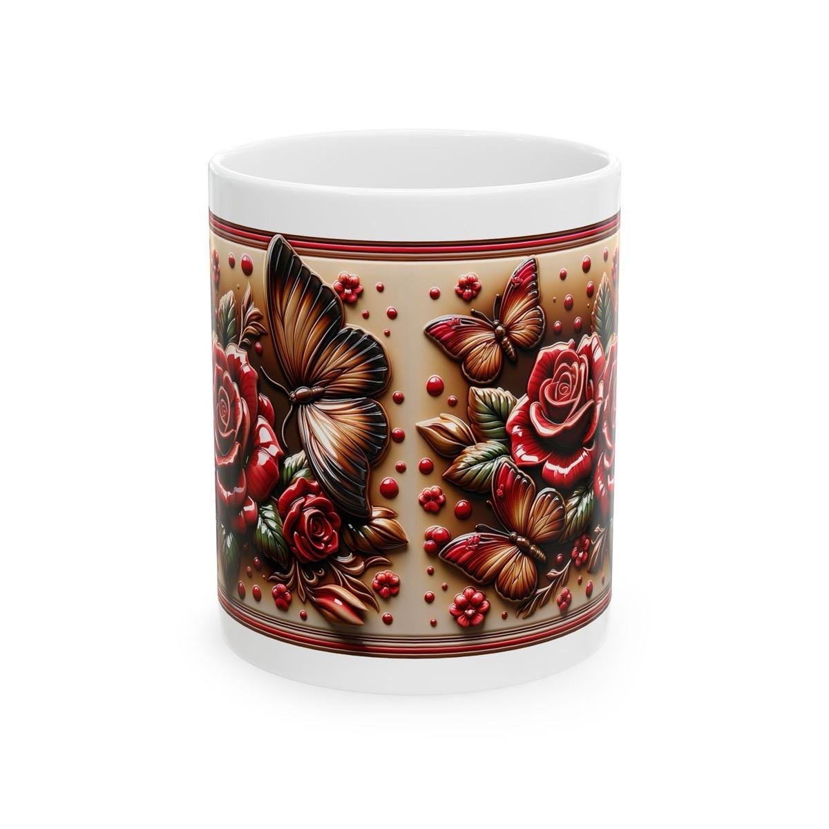 Roses and butterflies 3d mug - ideal for coffee and tea - drinkware, tumblers cup bottles reusable washable ceramic xmas mugs festive