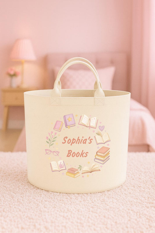 Personalised book basket storage Felt Trug, perfect gifts girls kids gift fun storage basket trugs toy storage cute friend mum book storage