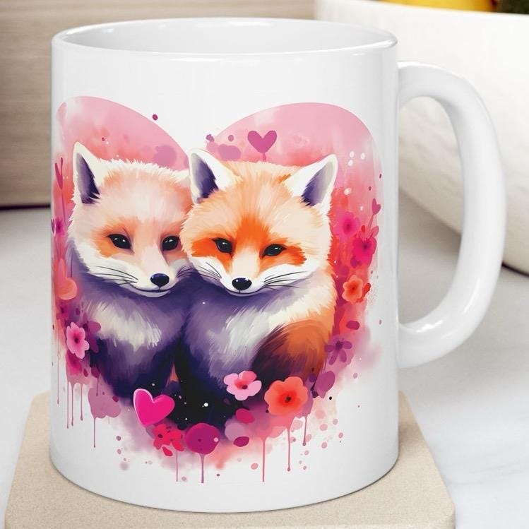 Pair of foxes cute mug - perfect valentine's or christmas gift for drink lovers - tumblers, drinkware cup coffee washable reusable ceramic r