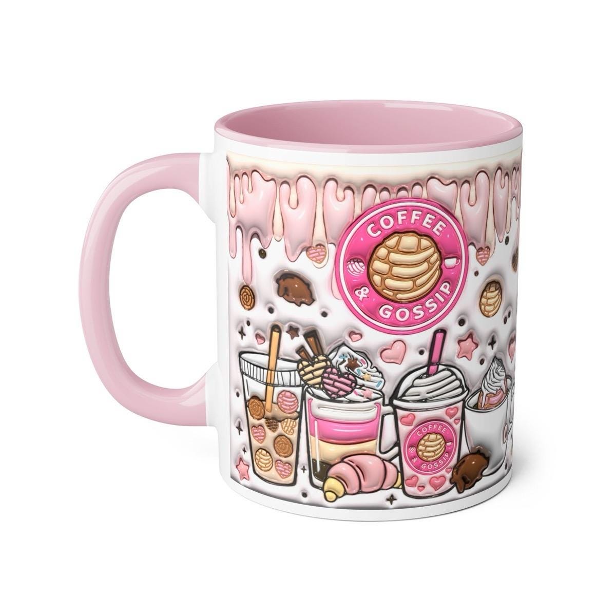Christmas cute 3d mug with coffee and gossip design, pink interior and handle - drinkware, tumblers cup reusable reuse washable ceramic coff