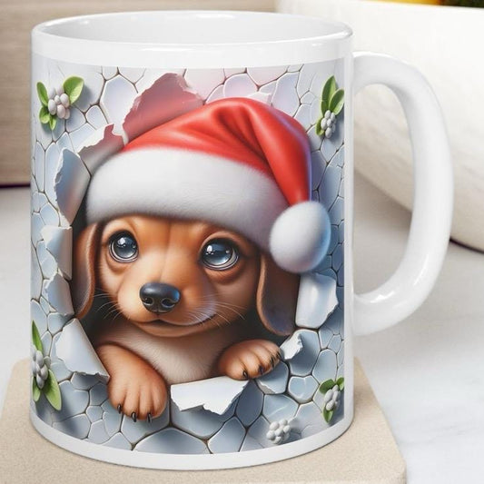 Cute dachshund sausage dog puppy mug - xmas style gift for drinkware and tumblers cup coffee reusable washable reuse ceramic mugs