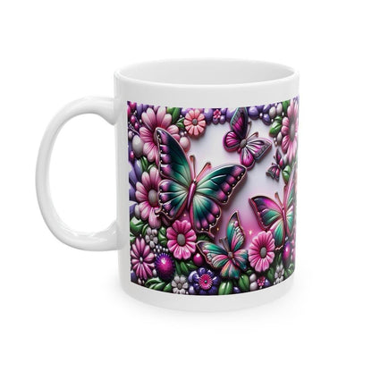 3d mug with emerald green and pink butterfly flower design - drinkware, cup tumbler washable ceramic reusable coffee reuse xmas mugs tea
