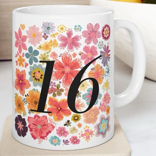 Flowery style 16th birthday mug - perfect gift for any occasion - tumblers, drinkware cup washable ceramic reusable reuse coffee girly cute