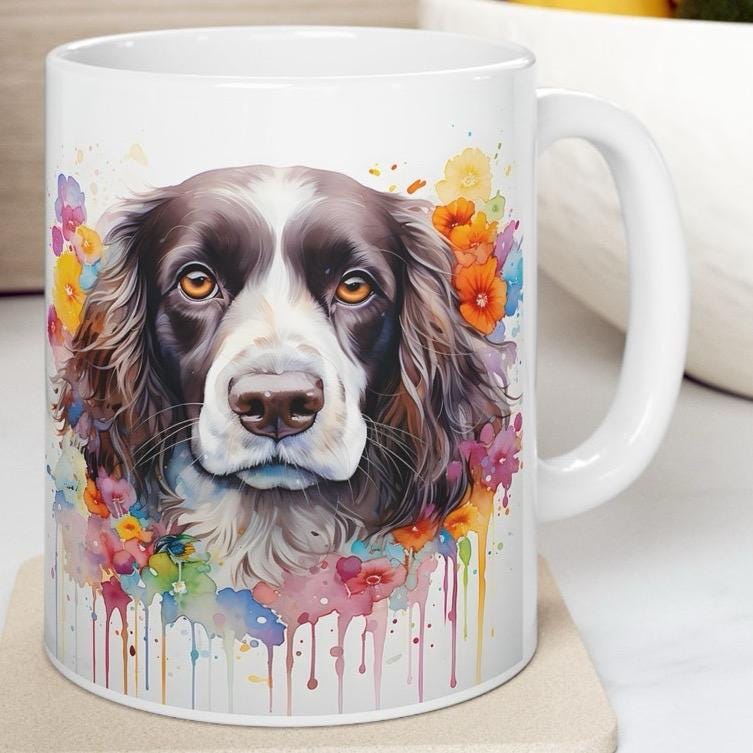 Cute spaniel dog floral art mug gift xmas christmas secret santa birthday puppy flower drinkware coffee washable tumbler reuse cup reusable