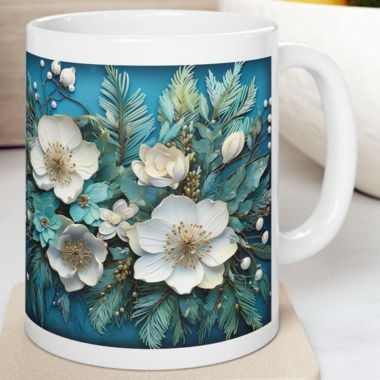 Winter christmas flowers 3d mug - secret santa - stocking filler - perfect gift - gifts drinkware tumbler washable reusable reuse ceramic cu
