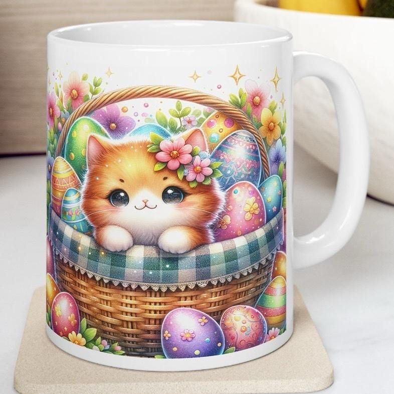 Easter kitten mug - cute gift - perfect for hot drinks - drinkware, tumblers cup bottles reusable washable portable reuse ceramic coffee eas
