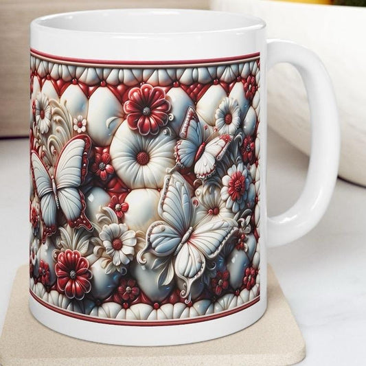 Red and ivory quilted butterfly garden 3d mug - perfect for coffee and tea - drinkware washable tumbler reusable cup reuse ceramic xmas mugs