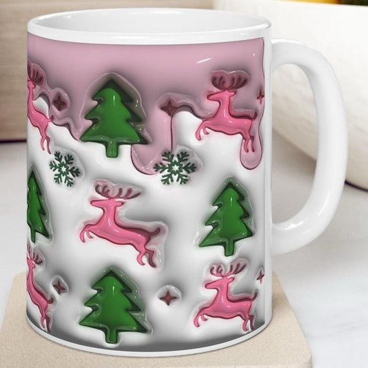 3d style christmas mug with reindeer and tree design for festive drinks - cup, drinkware tumblers ceramic reusable washable reuse coffee xma