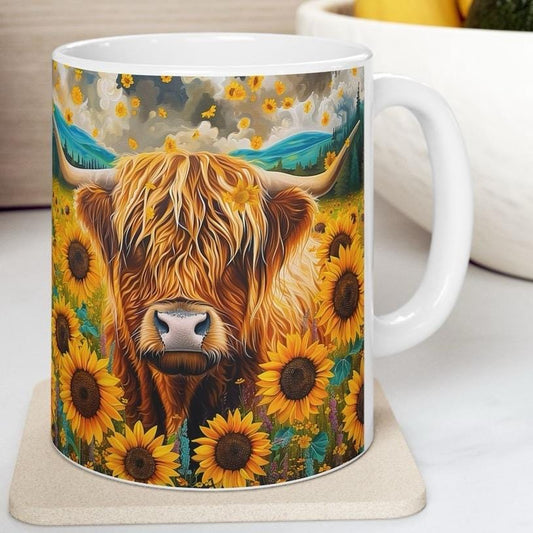 Sunflower highland cow funny cute mug gift for christmas, birthday and xmas drinkware secret santa washable reusable coffee cup reuse tumble
