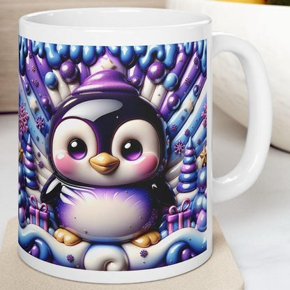 3d quilted sparkly festive baby penguin mug - cozy holiday design with blue and purple  accents - perfect christmas gift drinkware reusable