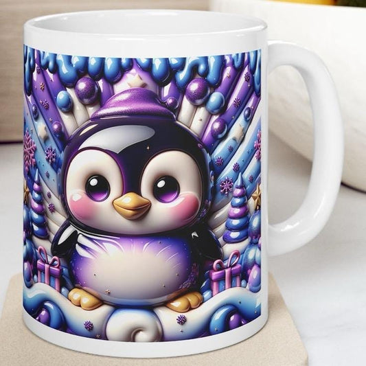 3d quilted sparkly festive baby penguin mug - cozy holiday design with blue and purple  accents - perfect christmas gift drinkware reusable