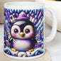 3d quilted sparkly festive baby penguin mug - cozy holiday design with blue and purple  accents - perfect christmas gift drinkware reusable