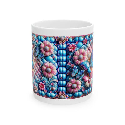 Pink blue quilted 3d butterfly flower mug - perfect for your morning drinks - drinkware, tumblers reusable washable cup coffee reuse ceramic