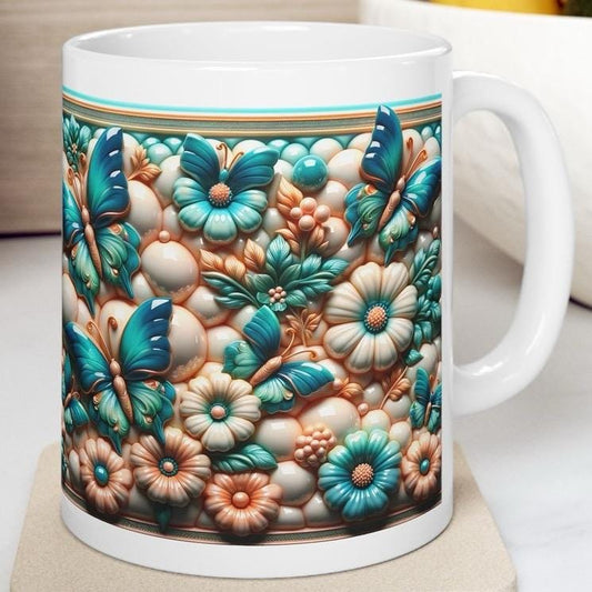 Teal and copper floral butterfly 3d mug - perfect for your morning drinks - drinkware, tumblers cup reusable washable coffee ceramic reuse x