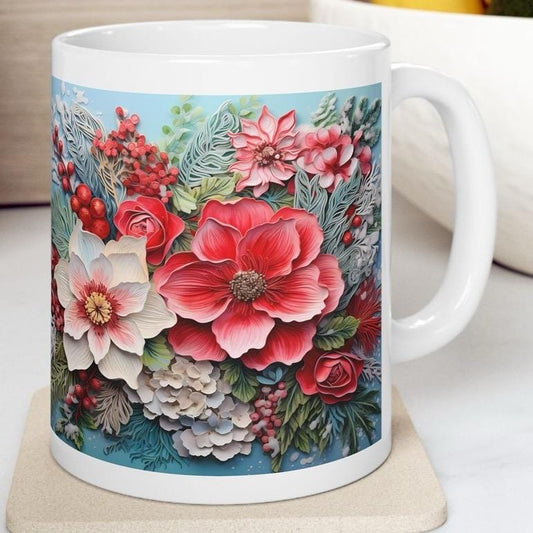 Winter christmas pink flowers 3d mug - secret santa - stocking filler - perfect gift for office supplies drinkware tumbler washable reuse re
