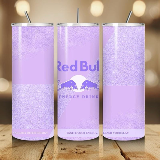 Red bull tumbler 20oz - purple glitter style ‘naughty bitch energy’ ‘unleash your slay’ perfect for on-the-go hydration - vacuum fla