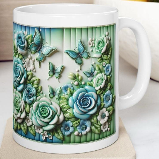 Blue green roses and butterflies 3d mug - perfect for your morning coffee - cup, drinkware tumblers bottles reusable washable ceramic