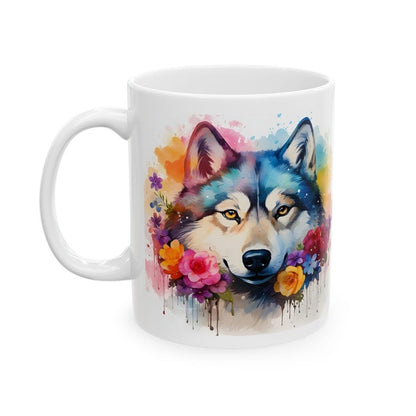 Floral art mug for dog lovers - xmas christmas gift - husky - drinkware festive washable reusable tumbler reuse cup ceramic coffee tea mugs