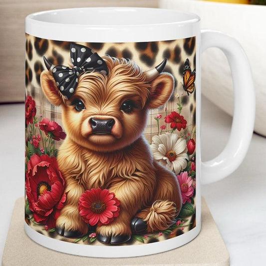 Highland cow with leopard print background 3d mug - perfect for coffee and tea - printed, drinkware cup tumblers reusable washable reuse cer