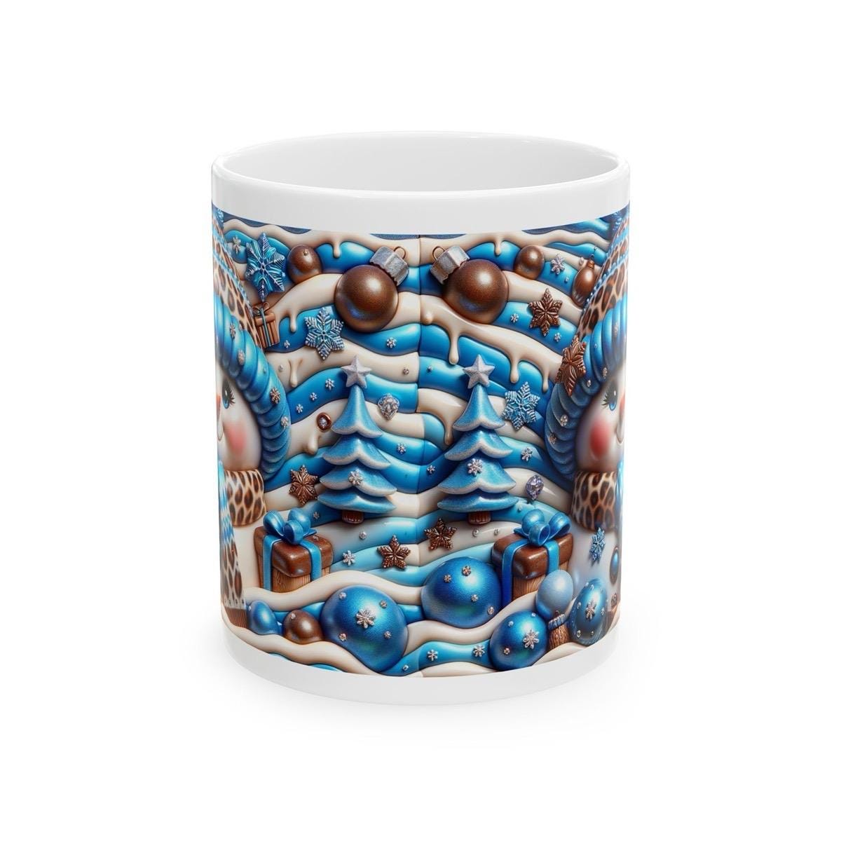 3d snowman christmas mug – cosy winter design with blue and gold accents, perfect festive gift! drinkware reusable tumbler reuse washable