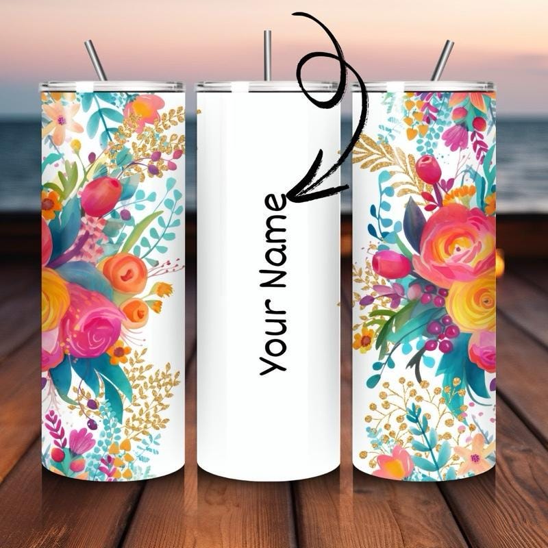 Personalised tumbler floral style 20oz - perfect for on-the-go hydration - vacuum flask - cup drinkware mug bottles water bottles bottled po