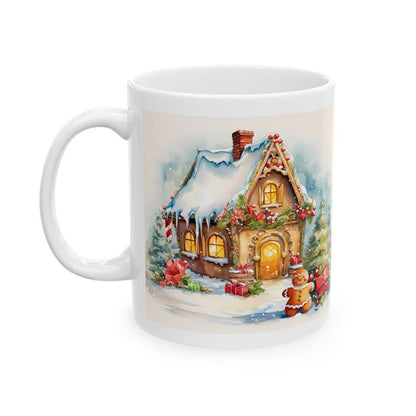 Christmas cottage gingerbread man cute mug - secret santa stocking filler gift drinkware tumbler washable reuse reusable cup coffee ceramic
