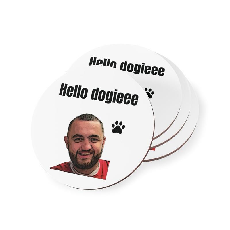 Mashtag brady mug coaster 'hello dogieee' - heat resistant tableware for dog lovers - durable & easy to clean - perfect gift for friends gif