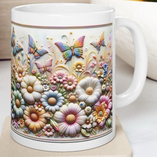 Pretty flowers butterfly 3d mug - perfect for your morning drinks - tumblers, drinkware reusable washable cup coffee reuse ceramic xmas