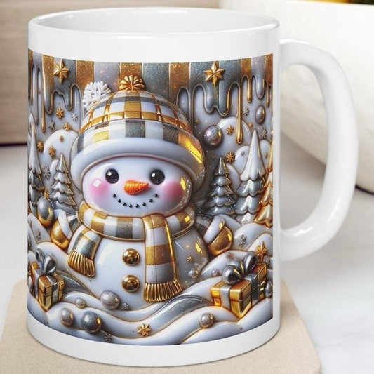 3d christmas snowman mug – elegant gold and silver festive design, perfect for holiday cheer and gifts! drinkware tumbler cup washable reu