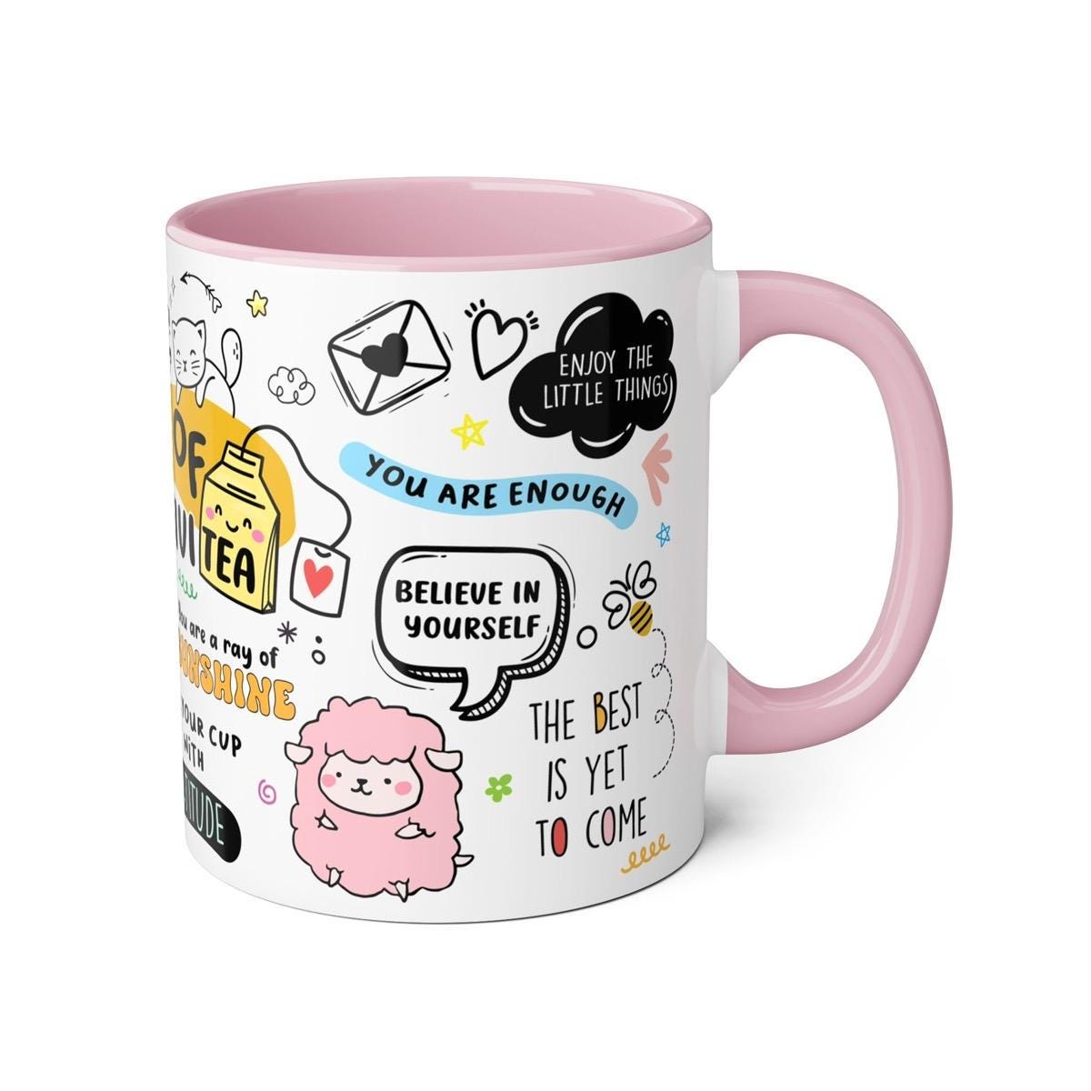 Positive vibes affirmations mental health mug - pink interior and handle - cup, drinkware tumblers reusable reuse ceramic washable coffee te