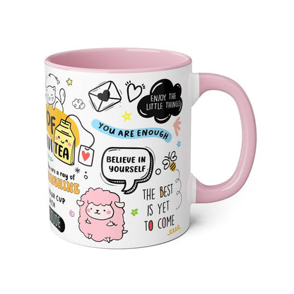 Positive vibes affirmations mental health mug - pink interior and handle - cup, drinkware tumblers reusable reuse ceramic washable coffee te