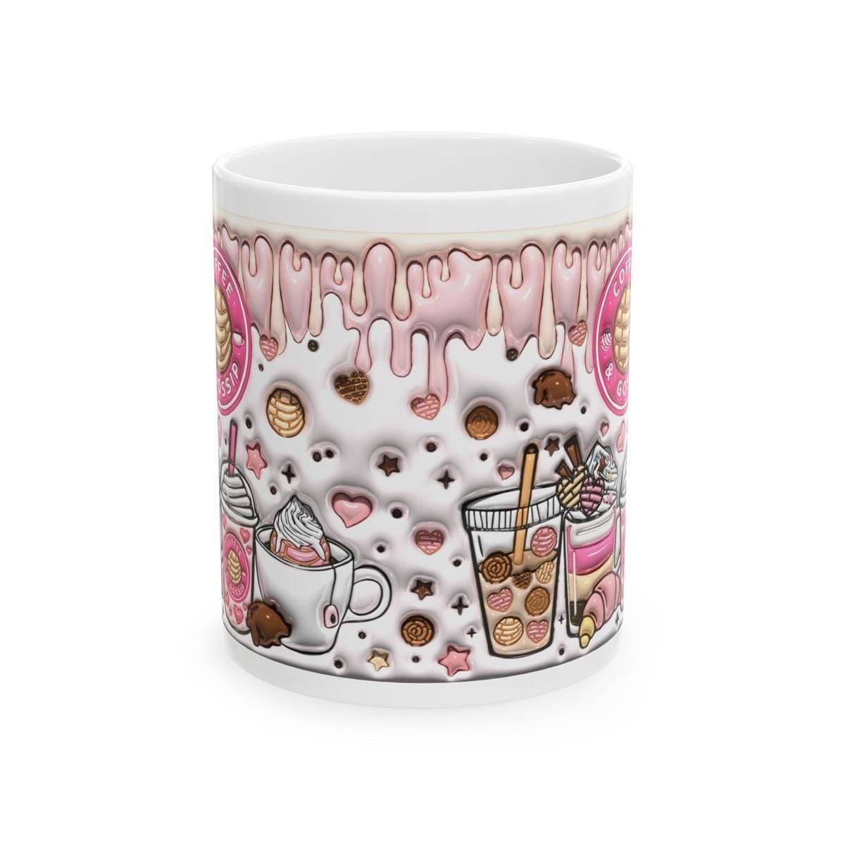 Pretty 3d coffee and gossip girly pink mug - secret santa christmas stocking filler - drinkware tumbler reuse cup washable reusable ceramic