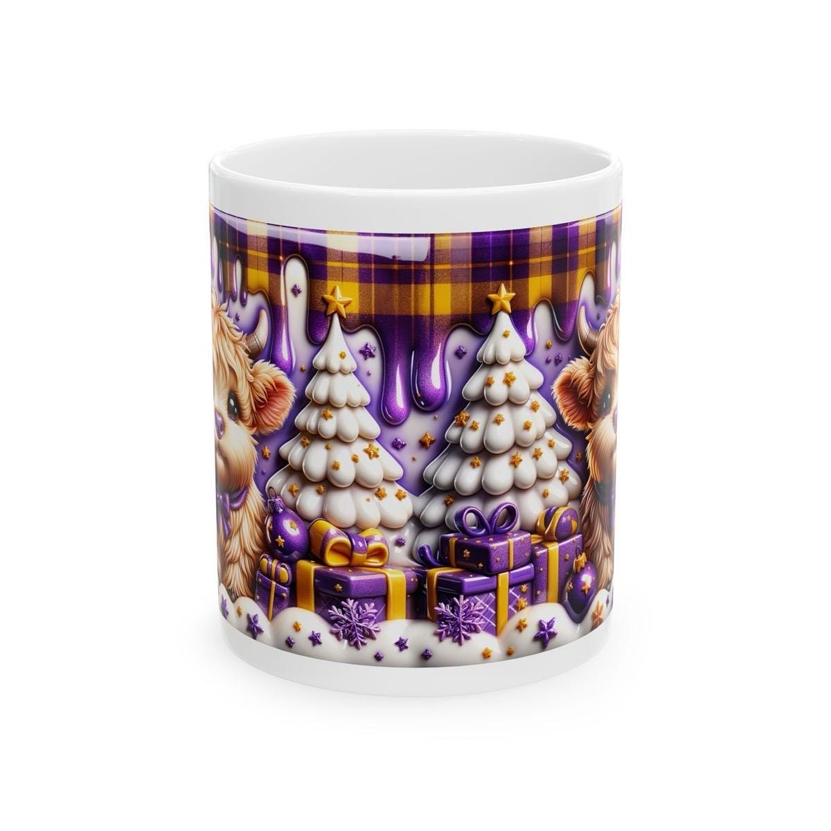 3d purple highland cow christmas mug – adorable festive design with candy accents, perfect for holiday gifting! drinkware washable reusabl