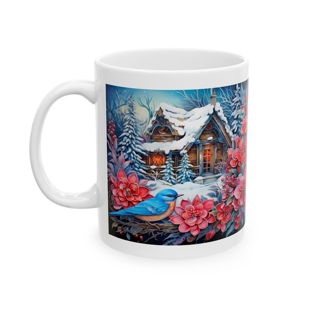 Snowy christmas house cottage mug - perfect secret santa stocking filler gift drinkware reusable reuse washable tumbler ceramic coffee cup x