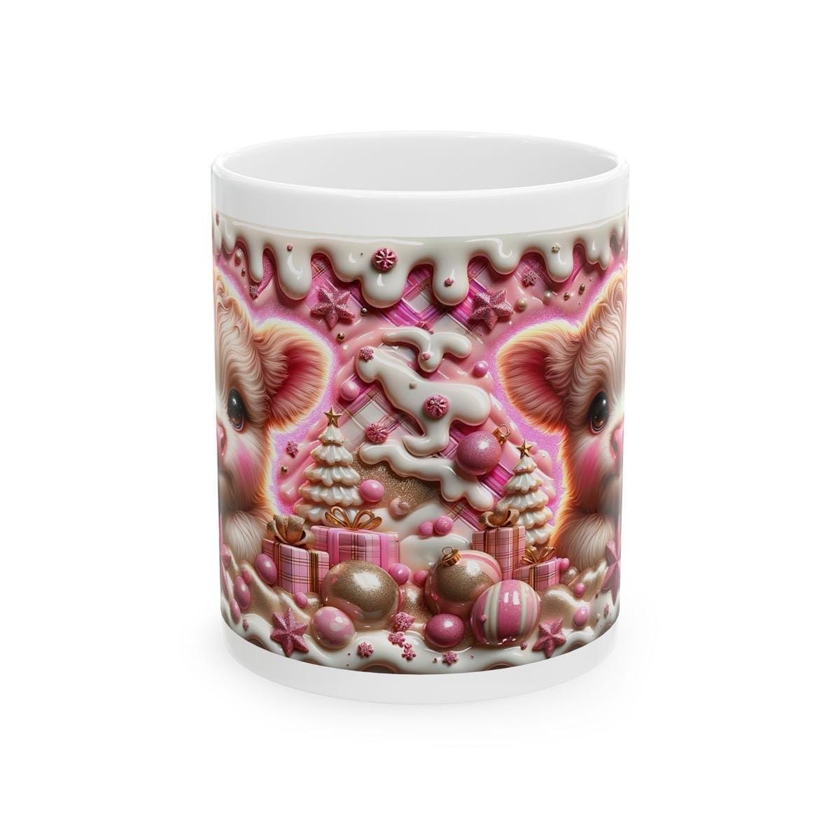 3d pink highland cow christmas mug – adorable festive design with candy accents, perfect for holiday gifting! drinkware reusable washable