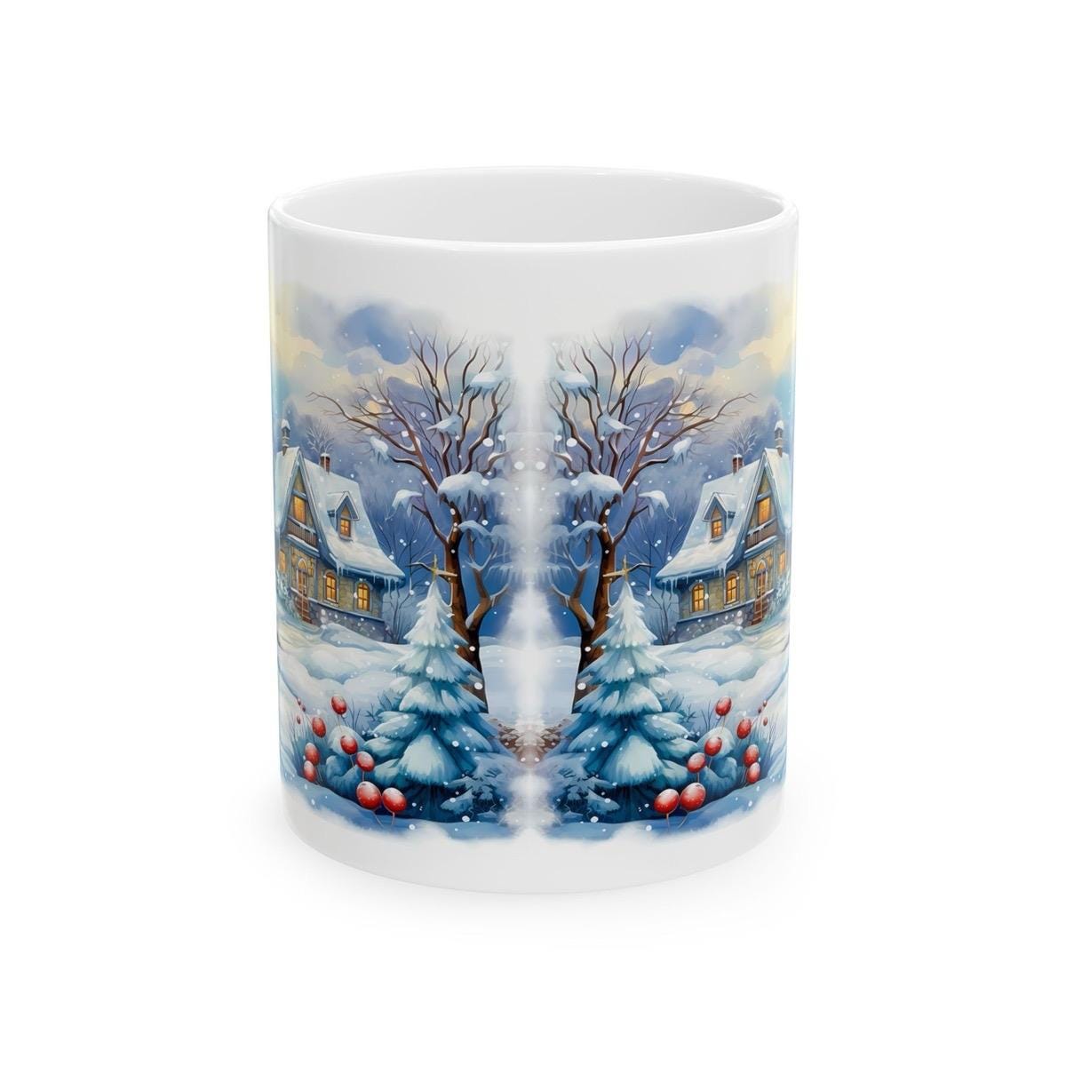 Snowy winter village houses cute mug - christmas secret santa gift stocking filler drinkware washable tumbler reuse reusable ceramic cup cof