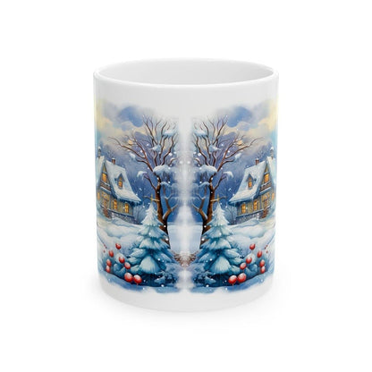 Snowy winter village houses cute mug - christmas secret santa gift stocking filler drinkware washable tumbler reuse reusable ceramic cup cof