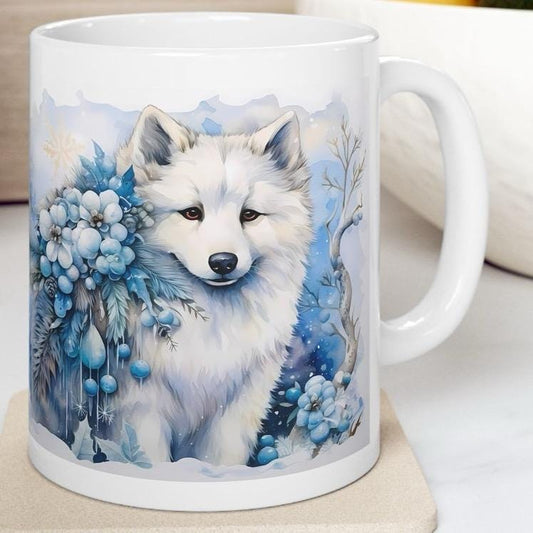 Winter white wolf mug - perfect christmas secret santa stocking filler gift drinkware reuse washable ceramic tumbler cup reusable coffee xma