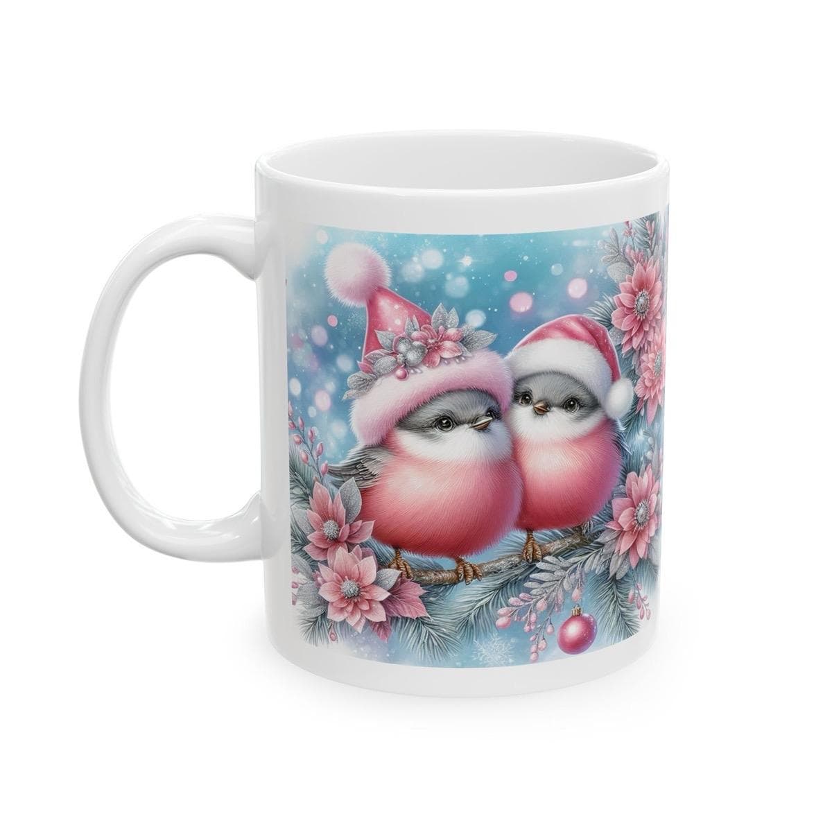 Pink finches christmas mug - perfect for the holidays - drinkware reusable tumbler washable cup reuse ceramic coffee xmas mugs tea festive