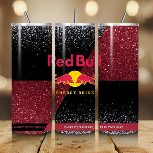 Red bull tumbler 20oz - black red glitter style ‘naughty bitch energy’ ‘unleash your slay’ perfect for on-the-go hydration - vacuum