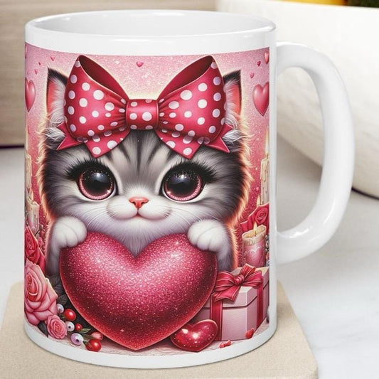 Loveheart kitten valentines mug - perfect gift for xmas christmas - drinkware, tumblers cup reuse girlfriend boyfriend wife husband washable
