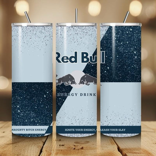 Red bull tumbler 20oz - blue navy glitter style ‘naughty bitch energy’ ‘unleash your slay’ perfect for on-the-go hydration - vacuum
