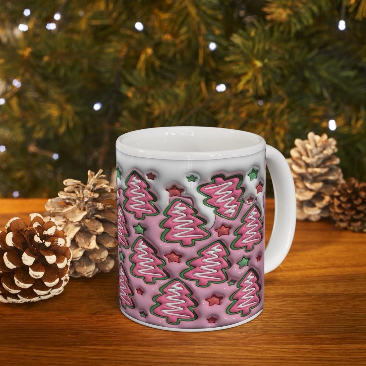 3d mug of pink christmas tree for hot and cold drinks - drinkware, cup reusable tumblers ceramic washable bottles reuse coffee fun mugs xmas