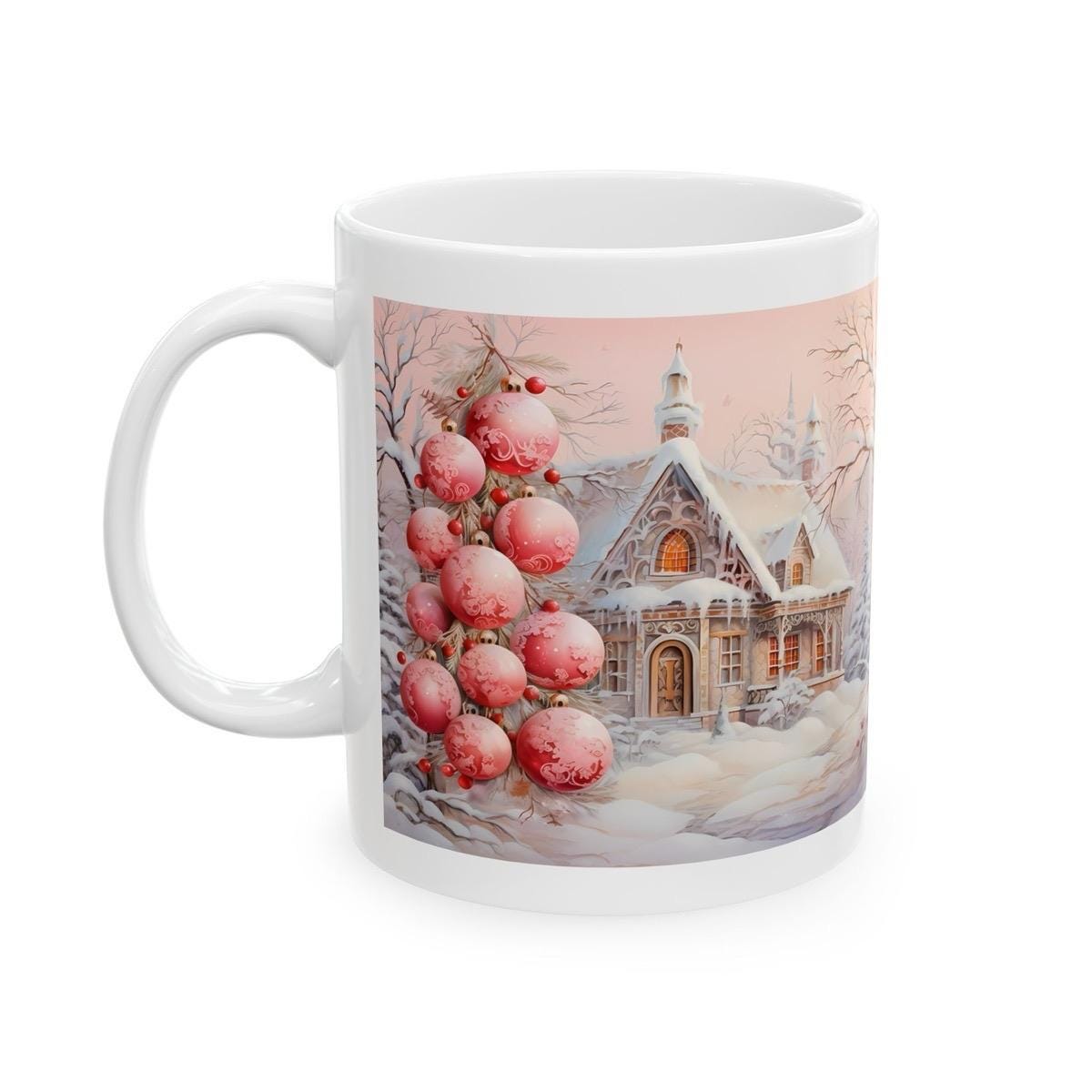 Pink winter village cottage house mug - christmas secret santa stocking filler gift drinkware washable tumbler reuse reusable cup ceramic co