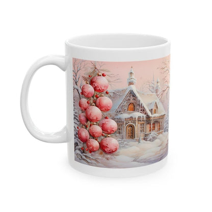 Pink winter village cottage house mug - christmas secret santa stocking filler gift drinkware washable tumbler reuse reusable cup ceramic co